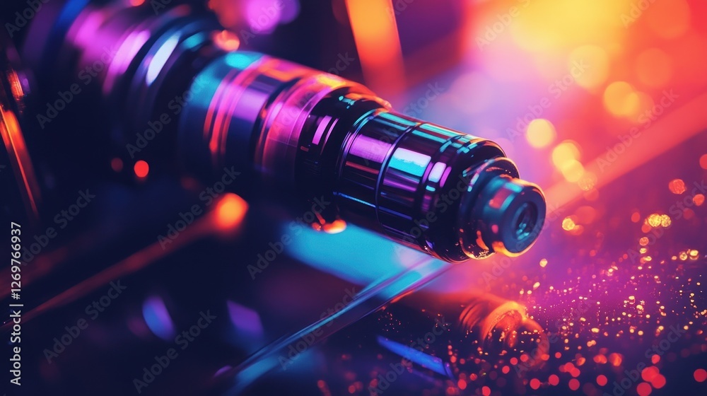 Poster Metallic cylindrical object in the dark with colorful reflections