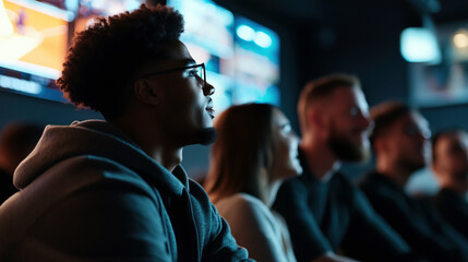 Bracket Watching on Multiple Screens, A group of friends intensely watching multiple basketball games on large TV screens, analyzing brackets and cheering during March Madness.