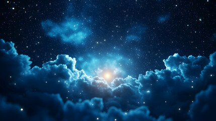 Fototapeta premium Dramatic Night Sky with Glowing Stars and Soft Blue Clouds in Ethereal Dreamscape