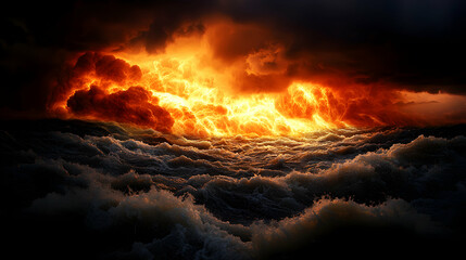 Dramatic Ocean Waves Crashing Under Explosive Orange Glow in the Night
