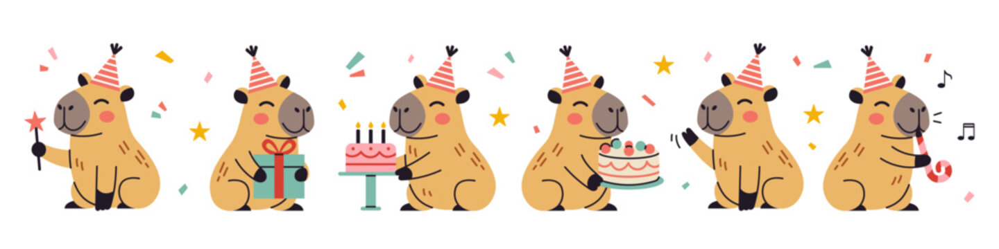 Happy birthday party set with cute capybaras. Vector collection of Funny amusing capybara characters celebrating birthday. Childish baby adorable nice animals cliparts.
