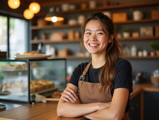 Smiling female pastry chef posing with crossed arms in her bakery