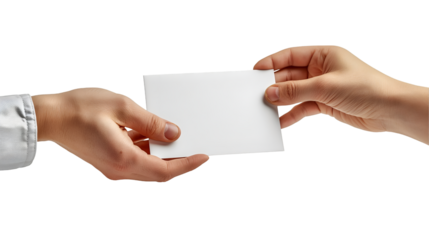 Hands Exchanging Card Clean Mockup, Simple Design for Business Deals and Offers, isolated on transparent background.