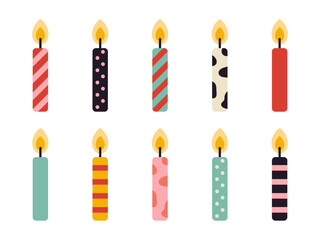 Vector burning birthday cake candles set. Collection of cute candlelights in flat design.