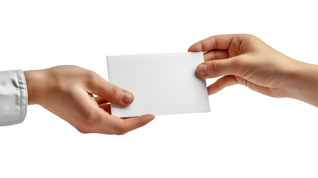 Hands Exchanging Card Clean Mockup, Simple Design for Business Deals and Offers, isolated on transparent background.