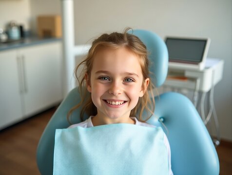 Smiling girl sitting on dentist chair: pediatric dentistry checkup