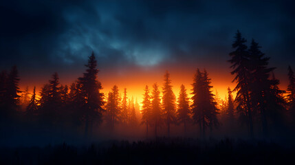 Fototapeta premium Dramatic Sunset Over Forest with Silhouetted Trees and Foggy Undergrowth in Warm Golden Light