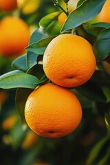Natural Oranges Growing Under Sunshine