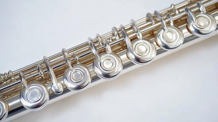Naklejka premium Close up of a flute with silver keys reflecting the light isolated on a white background