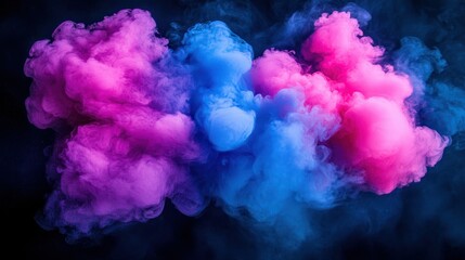 Fototapeta premium Pink and blue smoke clouds against dark background, abstract art for design