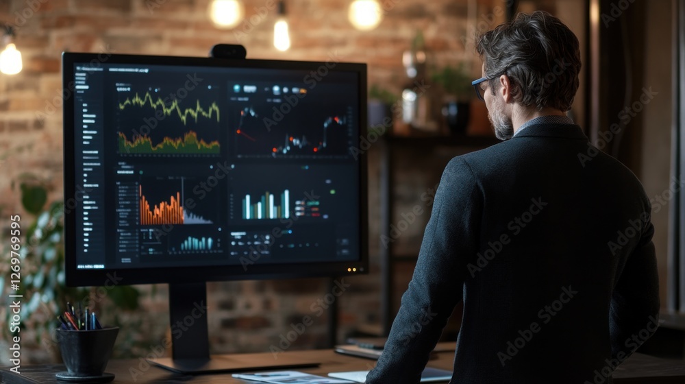 Poster Man analyzing stock market data displayed on computer screen
