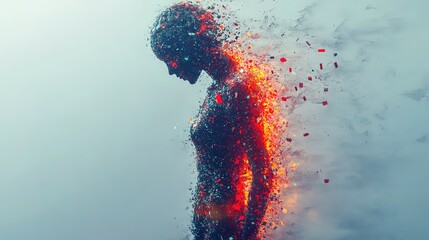 A digital human figure breaking apart into glitchy fragments, representing cyber vulnerability, surreal and vibrant 