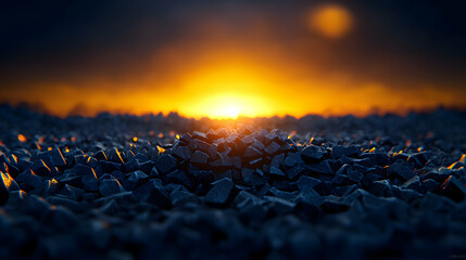 Fototapeta premium Dramatic Sunset Over Rocky Terrain with Warm Light and Ominous Sky Provides Textural Backdrop