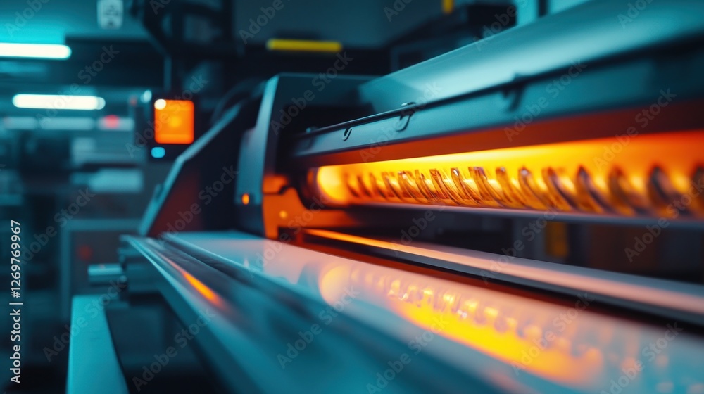 Poster close up view of industrial printing machine with glowing light