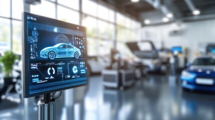 Automotive diagnostics display in modern car repair shop setting