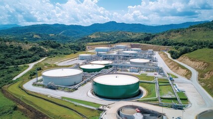 Obraz premium Aerial View of Industrial Storage Tanks in Green Hills