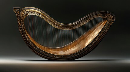 Obraz premium Ornate harp, studio shot, dark background, historical musical instrument