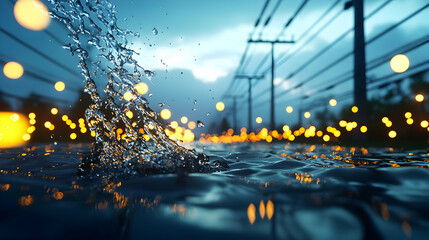 Dynamic Water Splash Against City Lights Under Power Lines with Evening Bokeh