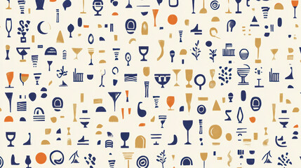 Abstract geometric pattern with modern seamless design featuring bold textures and dynamic shapes. composition includes wine glasses, organic elements, and abstract symbols navy blue and gold