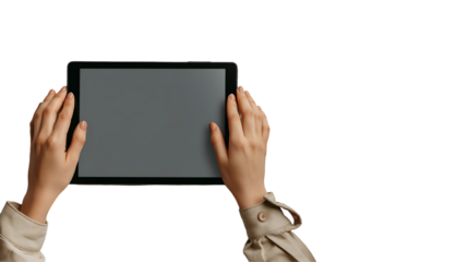 Woman Holding Tablet Minimalist Flatlay, Clean Beige Plant for Modern Tech Displays, isolated on transparent background.