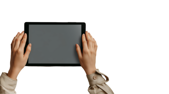Woman Holding Tablet Minimalist Flatlay, Clean Beige Plant for Modern Tech Displays, isolated on transparent background.