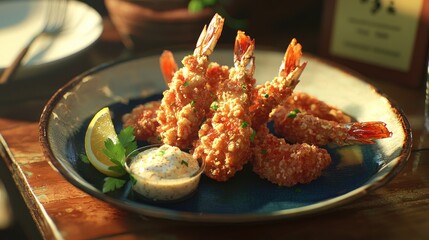 Crispy Fried Shrimps with Lemon and Creamy Sauce