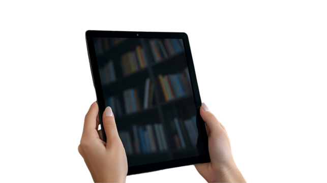Woman Holding Tablet Bookshelf Background, Digital Library for Reading and Tech Themes, isolated on transparent background.
