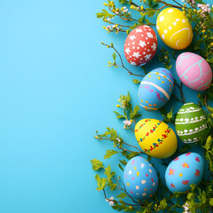 Colorful Easter eggs with floral decorations on a blue background, flat lay, copy space concept.