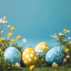 Colorful Easter eggs with floral decorations on a blue background, flat lay, copy space concept.