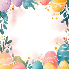 Watercolor Easter frame, cute cartoon style, white background, colorful eggs in the corners, pastel colors.
