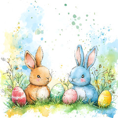 Cute watercolor clipart of two bunnies sitting on the grass with Easter eggs around, in pastel colors, with no background and a white outline. Isolated on a clean background.