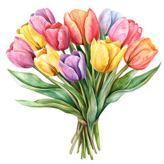 Watercolor painting of a colorful tulip bouquet on a white background, detailed and high resolution. 