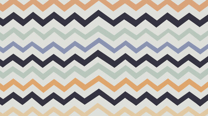Colorful zigzag pattern with alternating chevron stripes in shades of orange, navy, blue, and green on light background, creating bold and dynamic geometric design