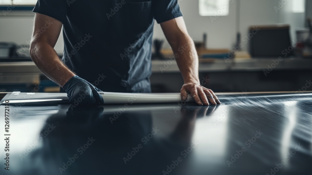Poster Man smooths a material on a glossy surface in a workshop