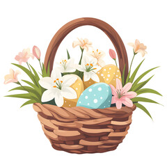 Easter clipart busket with eggs and lilies flat simple low detailed isolated on white background.