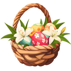 Easter clipart busket with eggs and lilies flat simple low detailed isolated on white background.