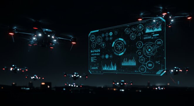 Futuristic Drones and High Tech Interface Display - A collection of advanced drones hovering in the night sky, featuring a holographic interface displaying data analytics, technology