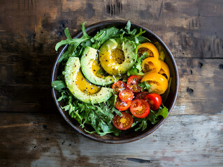 A wooden table with an overhead shot of a bowl filled with salad, avocado slices, and cherry tomatoes. Food photography in natural light with a rustic wood background.