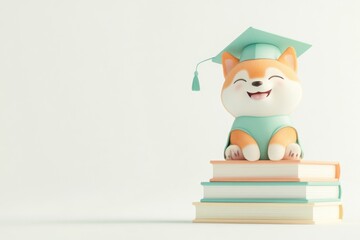 Adorable Shiba Inu puppy in graduation cap, happily sitting atop a stack of books.