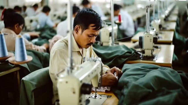 Asian sewing worker male workers in textile factory busy sewing with industrial sewing machines	
