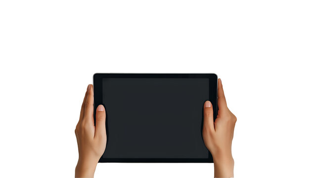 Woman Holding Tablet Modern Workplace, Clean Green Style for Office and Tech Displays, isolated on transparent background.