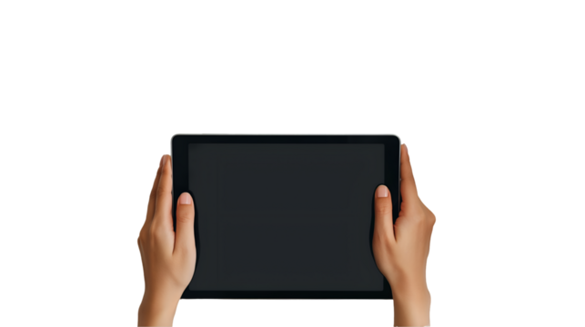 Woman Holding Tablet Modern Workplace, Clean Green Style for Office and Tech Displays, isolated on transparent background.