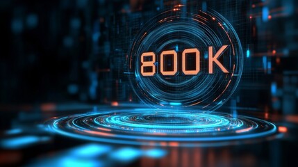 Glowing Digital Number 800,000. Technology Background With Futuristic HUD Elements. 3D Render.