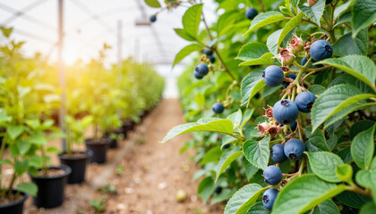 Thriving blueberry bush in greenhouse, nature’s abundance