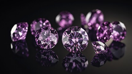 A Collection of Sparkling Amethyst Gems: Luxurious Purple Stones on Dark Background