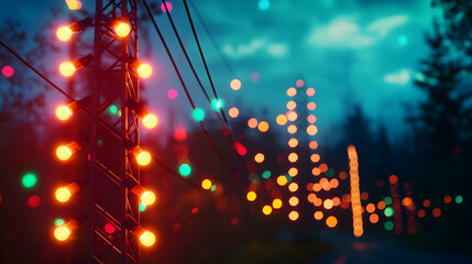 Festive Christmas Lights Decorate a Rural Road at Night with Soft Focus and Bokeh Effects