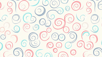 Colorful swirling spirals in shades of red, blue, and teal create dynamic and seamless pattern on light background, evoking playful and artistic feel