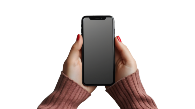 Woman Holding Smartphone Mockup Neutral Background, Clean Design for App Display, isolated on transparent background.