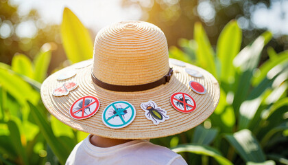 Colorful gardening hat adorned with insect repellent stickers, summer joy