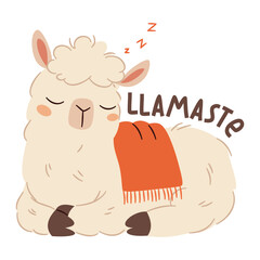 A cute llama sleeping on a white background. Flat vector illustration in simple style, lettering llamaste. Vector illustration